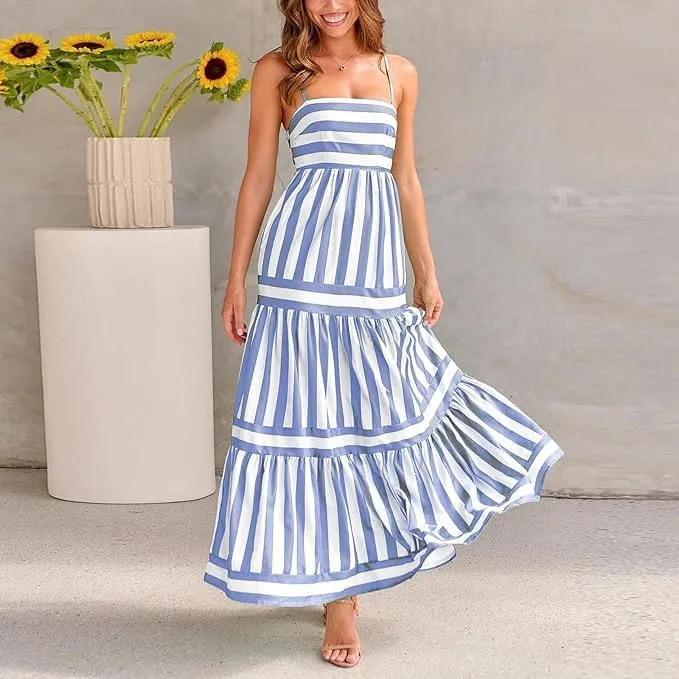 Smocked Maxi Dress for Women,Womens Striped Smocked Dress Sleeveless Cutout Backless Spaghetti Strap Boho Sundresses