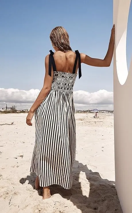 Smocked Maxi Dress for Women,Womens Striped Smocked Dress Sleeveless Cutout Backless Spaghetti Strap Boho Sundresses
