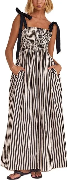 Smocked Maxi Dress for Women,Womens Striped Smocked Dress Sleeveless Cutout Backless Spaghetti Strap Boho Sundresses