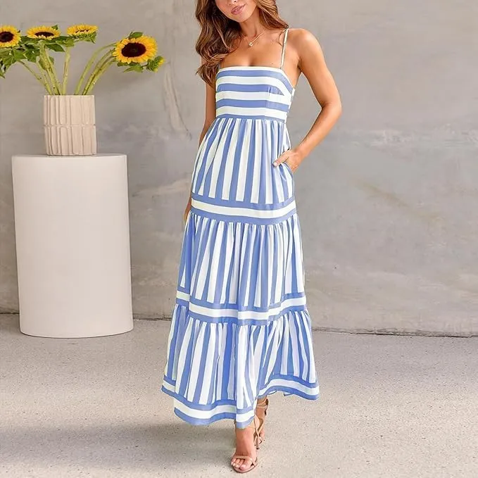 Smocked Maxi Dress for Women,Womens Striped Smocked Dress Sleeveless Cutout Backless Spaghetti Strap Boho Sundresses