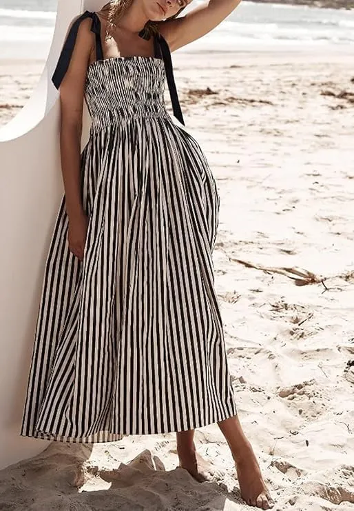 Smocked Maxi Dress for Women,Womens Striped Smocked Dress Sleeveless Cutout Backless Spaghetti Strap Boho Sundresses