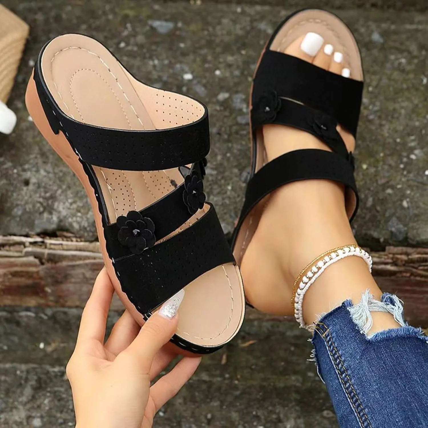 Smoneyful Womens Dressy Wedge Sandals Comfortable Summer Platform Casual Orthopedic Adjustable Hook Loop Walking