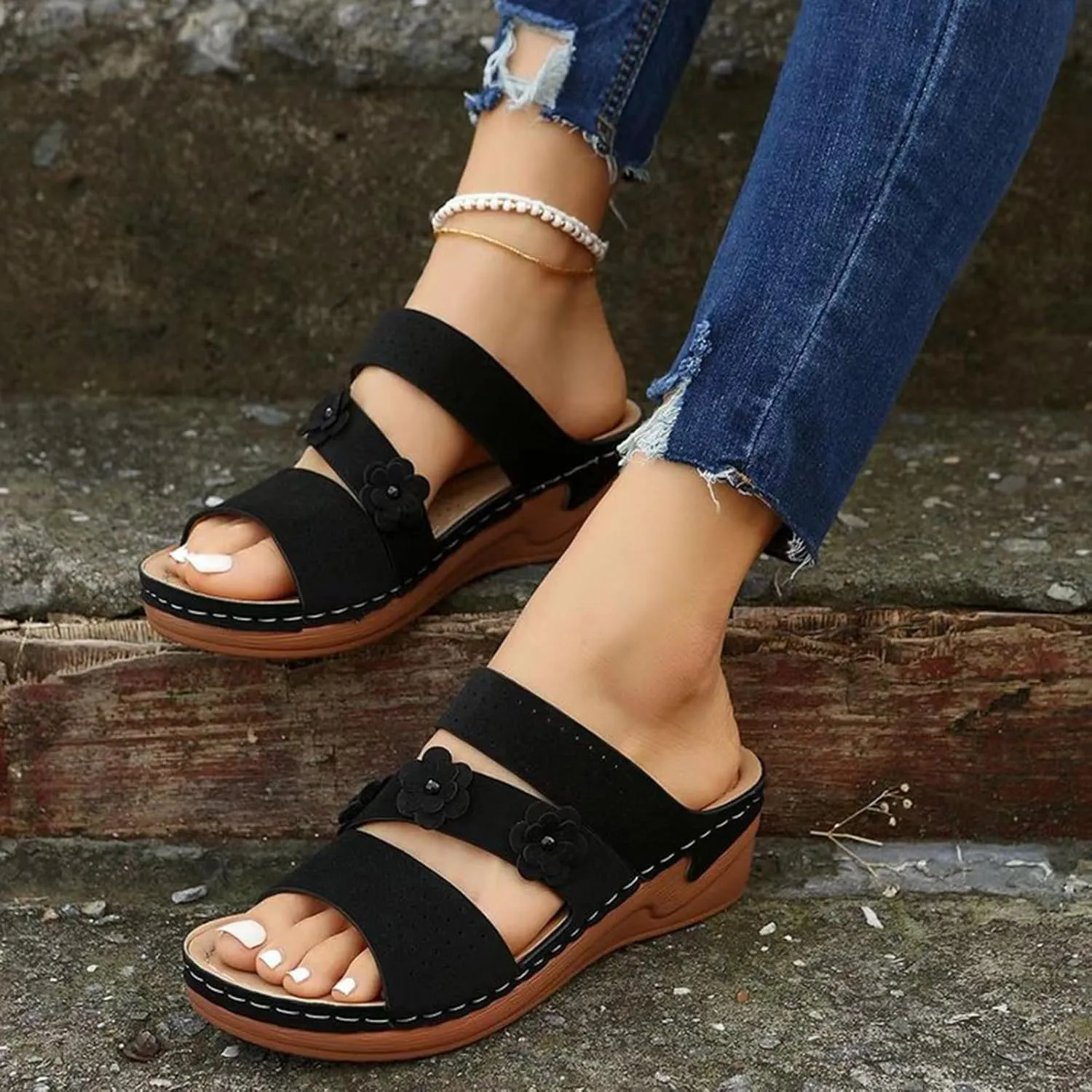 Smoneyful Womens Dressy Wedge Sandals Comfortable Summer Platform Casual Orthopedic Adjustable Hook Loop Walking