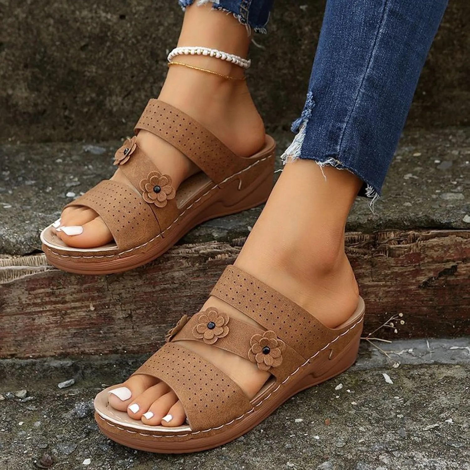Smoneyful Womens Dressy Wedge Sandals Comfortable Summer Platform Casual Orthopedic Adjustable Hook Loop Walking
