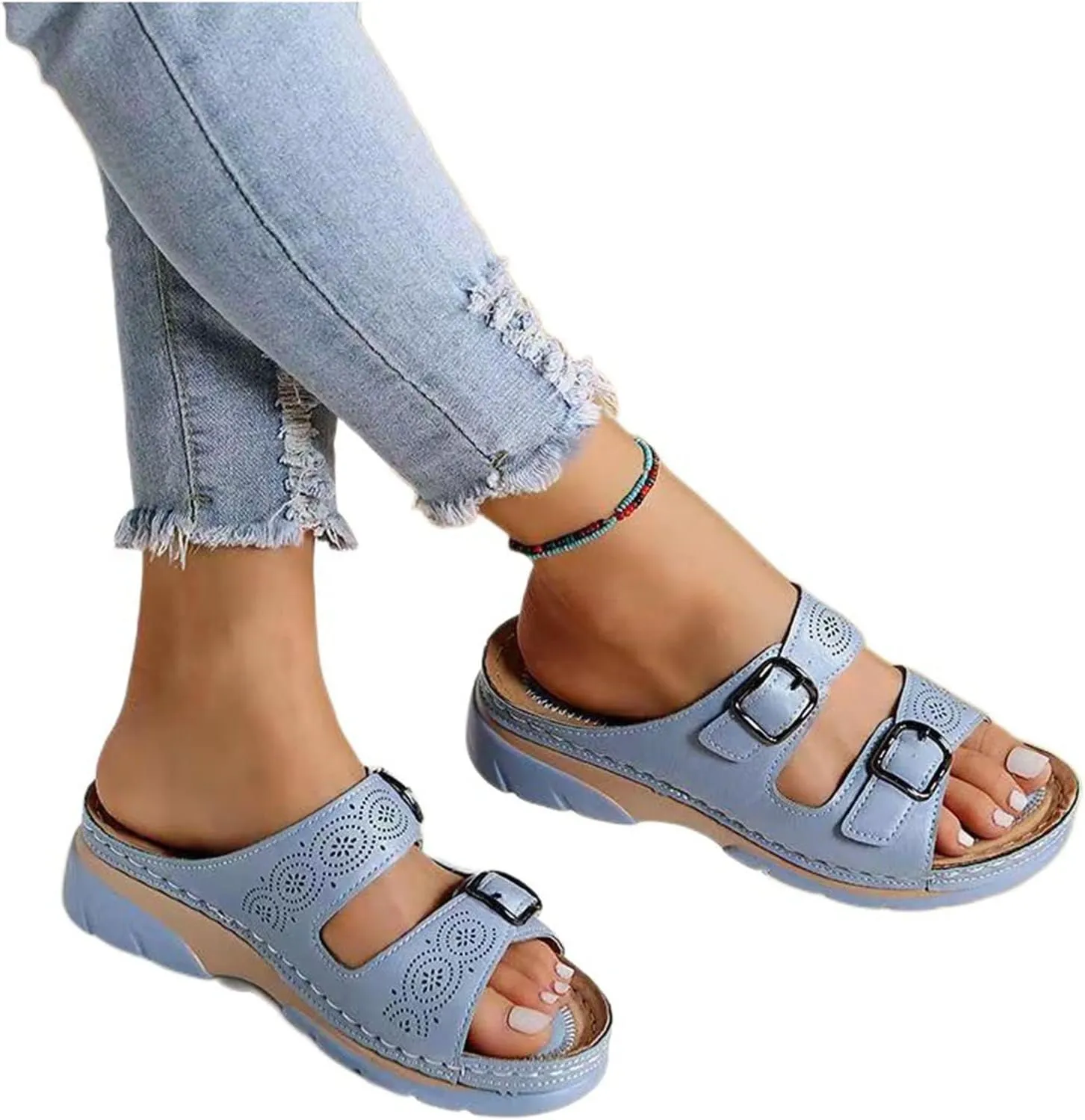 Smoneyful Women's Faux Leather Sandals Arch Support Summer Breathable Adjustable Slip On Orthopedic Diabetic Wedge Casual Anti Slip Open Toe Dressy Flat Walking Beach Sandals