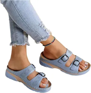 Smoneyful Women's Faux Leather Sandals Arch Support Summer Breathable Adjustable Slip On Orthopedic Diabetic Wedge Casual Anti Slip Open Toe Dressy Flat Walking Beach Sandals