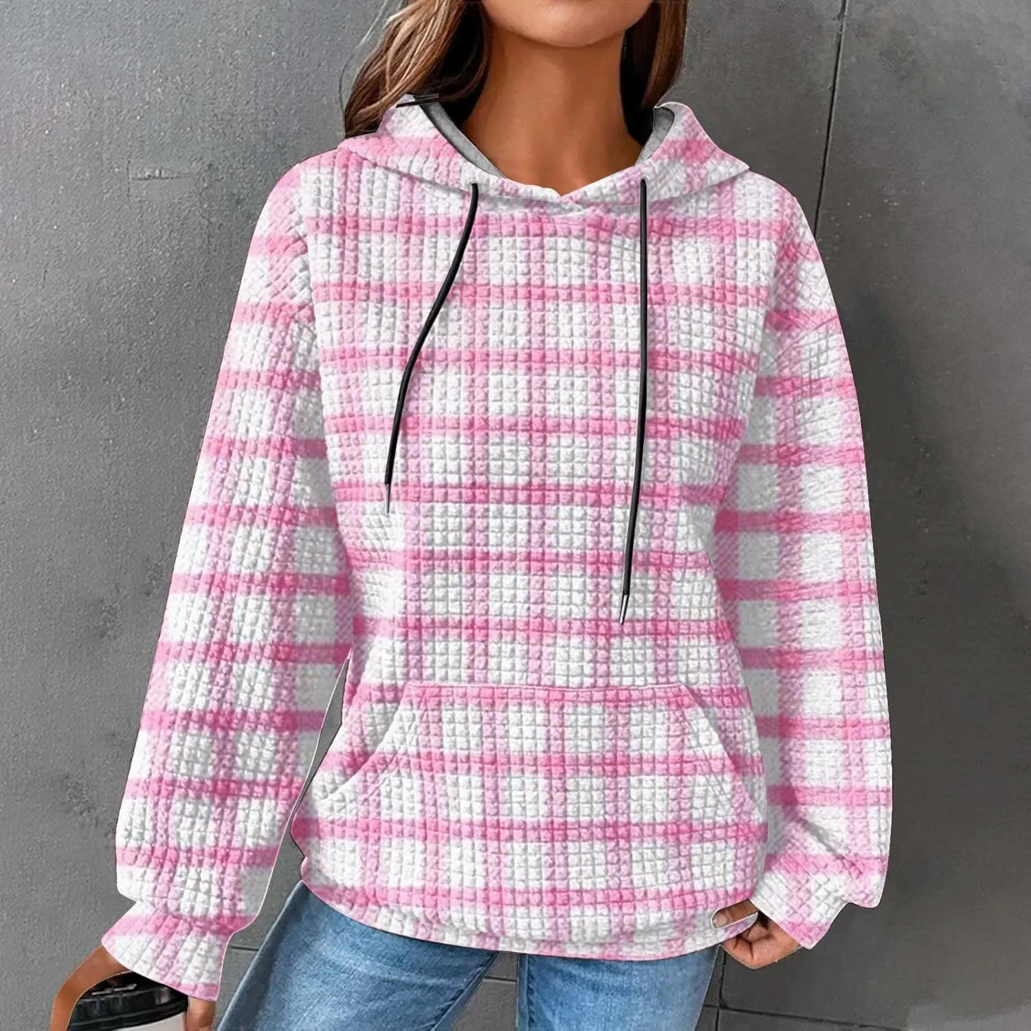 Soft Sweatshirts For Women Graphic Waffle Oversized Hoodies Casual Cute Drawstring Pullover Top Trendy Preppy Clothes