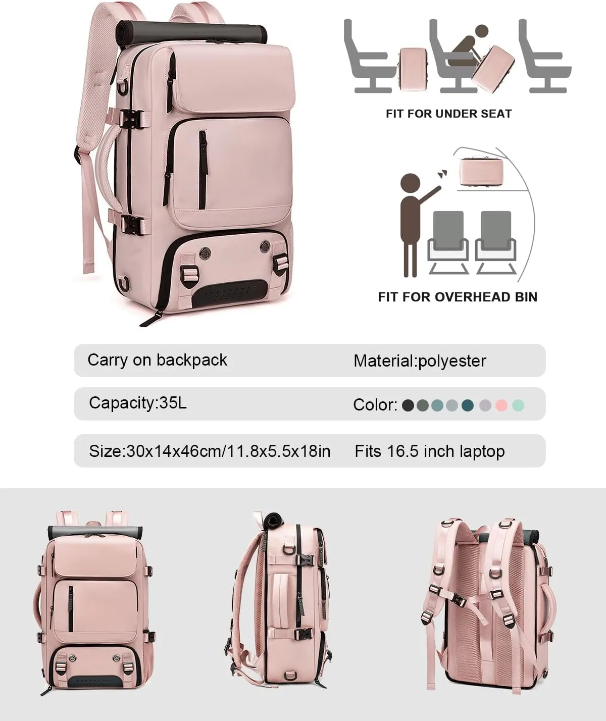 Somago Travel Laptop Backpack for Men & Women Carry On Backpack with USB Charging Port Fits 16.5 inch Notebook Rucksack (Pink)
