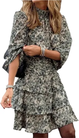Spring Retro Floral Tunic Party Dress Women Neck Layed Ruffle A-Line Autumn Sleeve Chiffon Mini