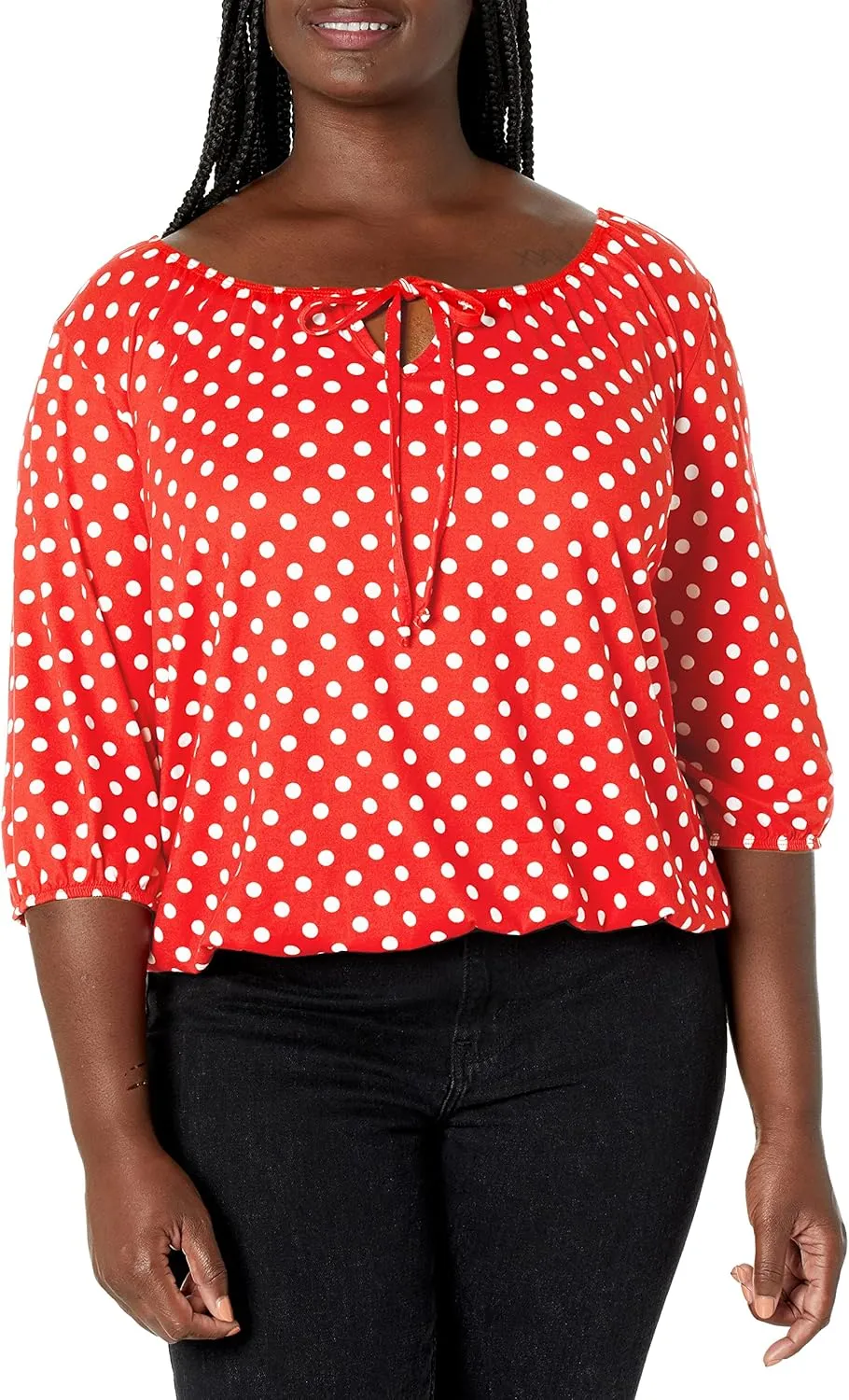 Star Vixen womens Petite 3/4 Sleeve Peasant Top With Keyhole Tie and Elastic Bottom Hem T Shirt, Red Dot, Medium Petite US