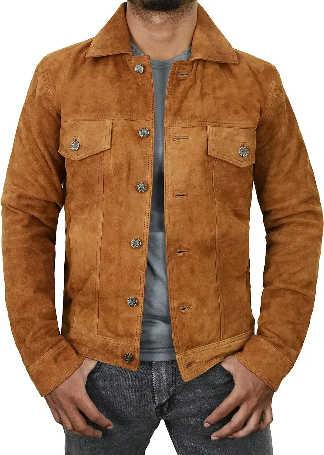 Suede Trucker Jacket Mens - Western Style Cowboy Leather Coat
