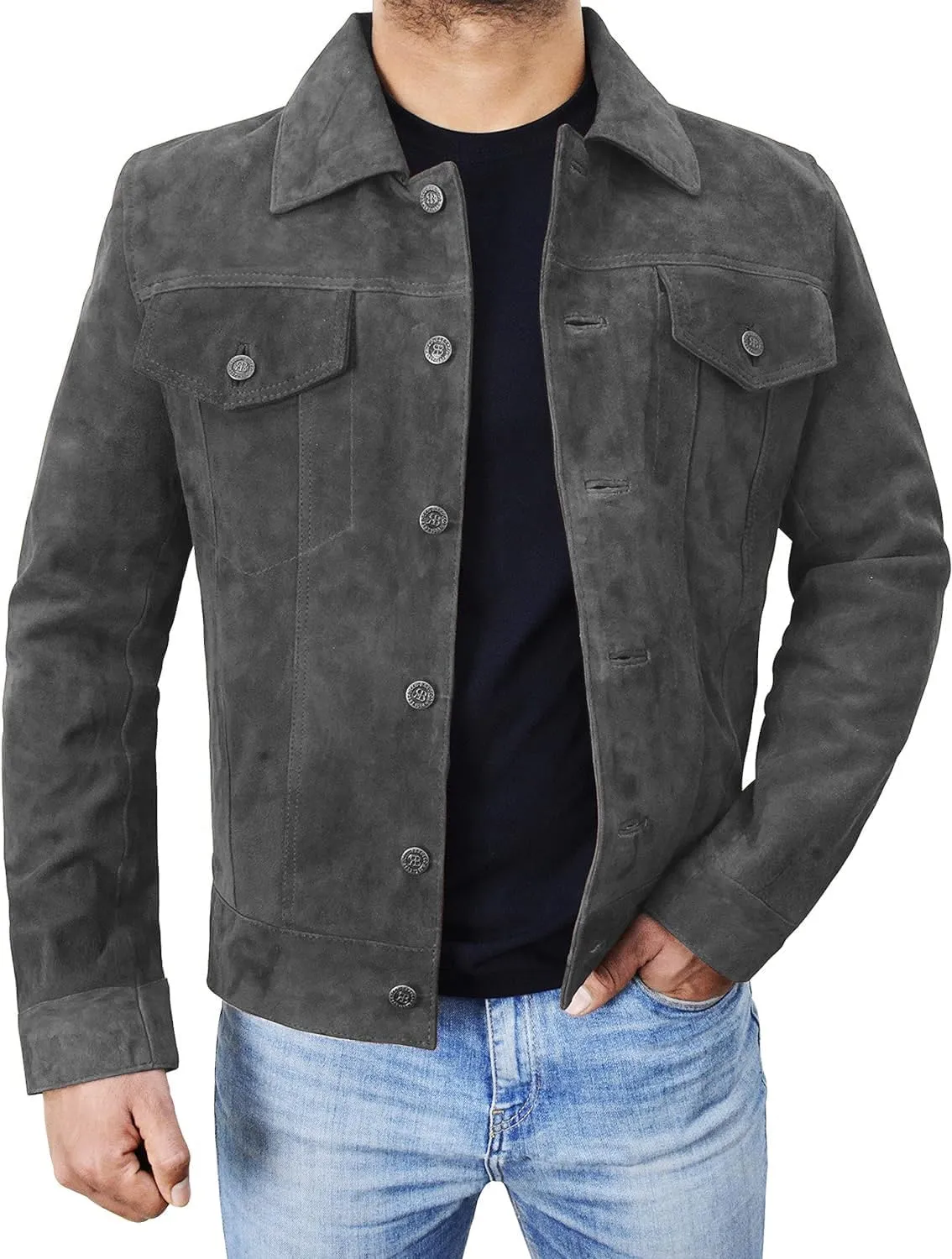 Suede Trucker Jacket Mens - Western Style Cowboy Leather Coat