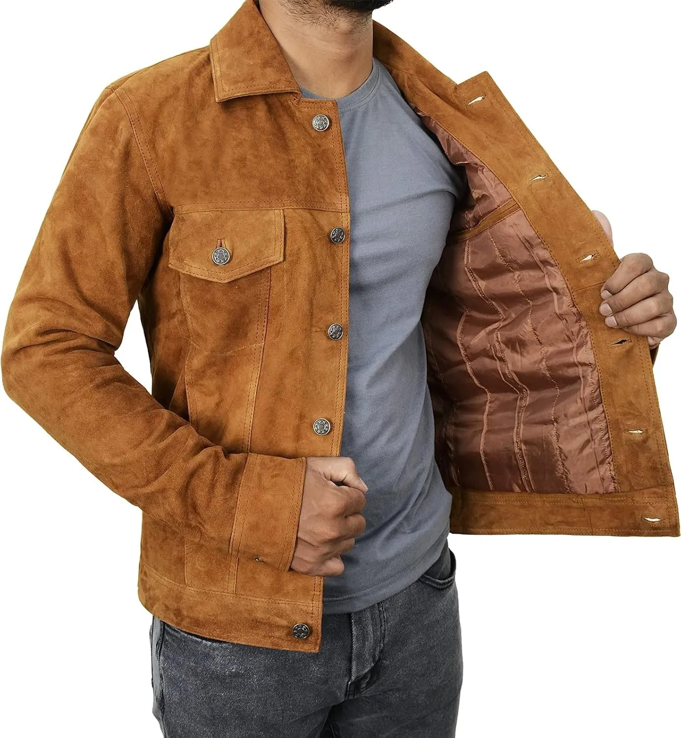 Suede Trucker Jacket Mens - Western Style Cowboy Leather Coat