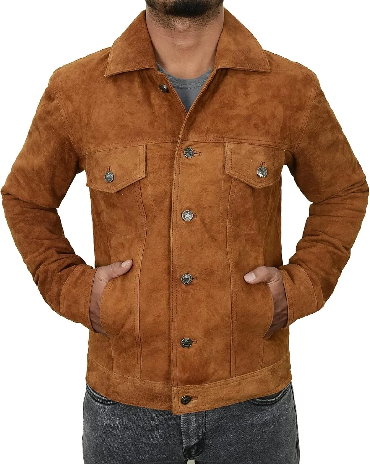 Suede Trucker Jacket Mens - Western Style Cowboy Leather Coat