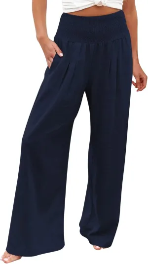 Summer Beach Pants for Women 2025 Baggy Y2K Summer Stretchy Boho Beach Pants Relaxed Loose Fit Elastic Lightweight Trousers