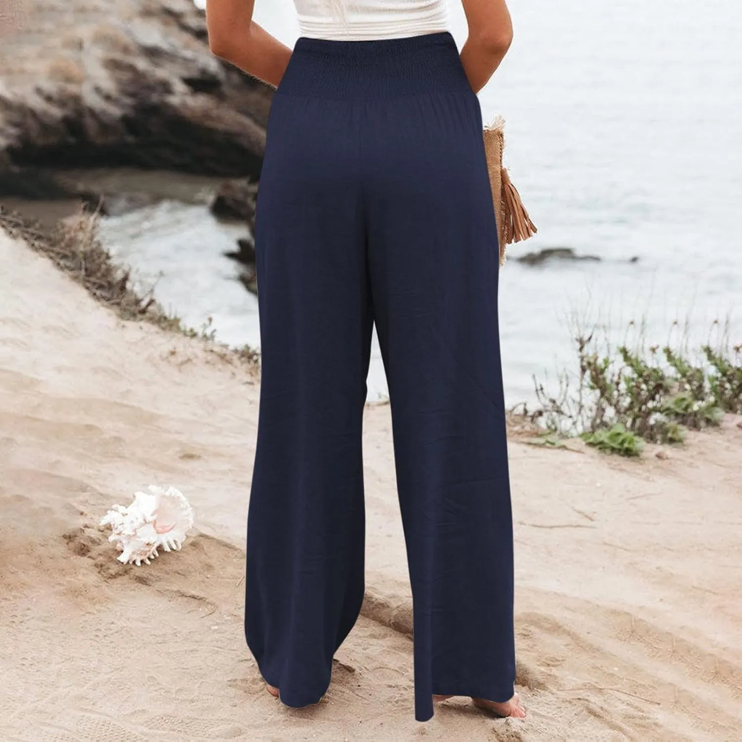 Summer Beach Pants for Women 2025 Baggy Y2K Summer Stretchy Boho Beach Pants Relaxed Loose Fit Elastic Lightweight Trousers