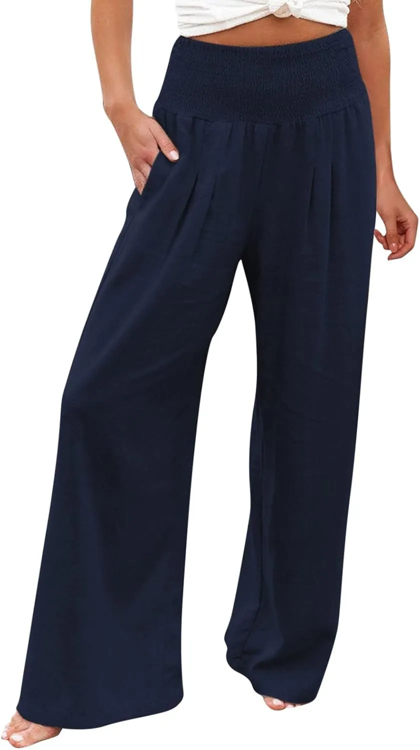 Summer Beach Pants for Women 2025 Baggy Y2K Summer Stretchy Boho Beach Pants Relaxed Loose Fit Elastic Lightweight Trousers