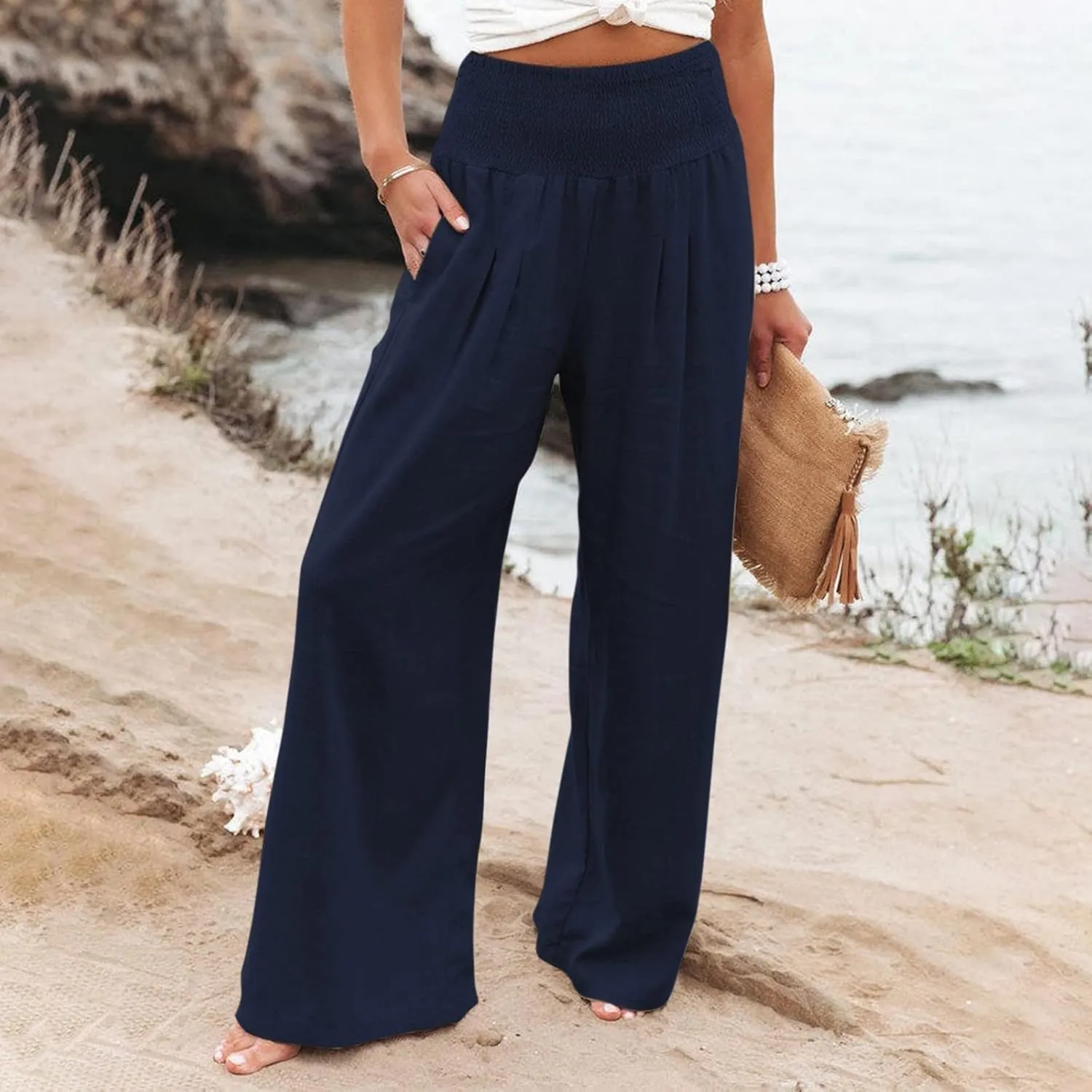Summer Beach Pants for Women 2025 Baggy Y2K Summer Stretchy Boho Beach Pants Relaxed Loose Fit Elastic Lightweight Trousers