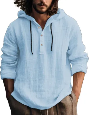 Summer Cotton and Linen Hoodies for Men Solid Fashion Lightweight Shirt Quarter Button V Neck Long Sleeve Drawstring Pullover