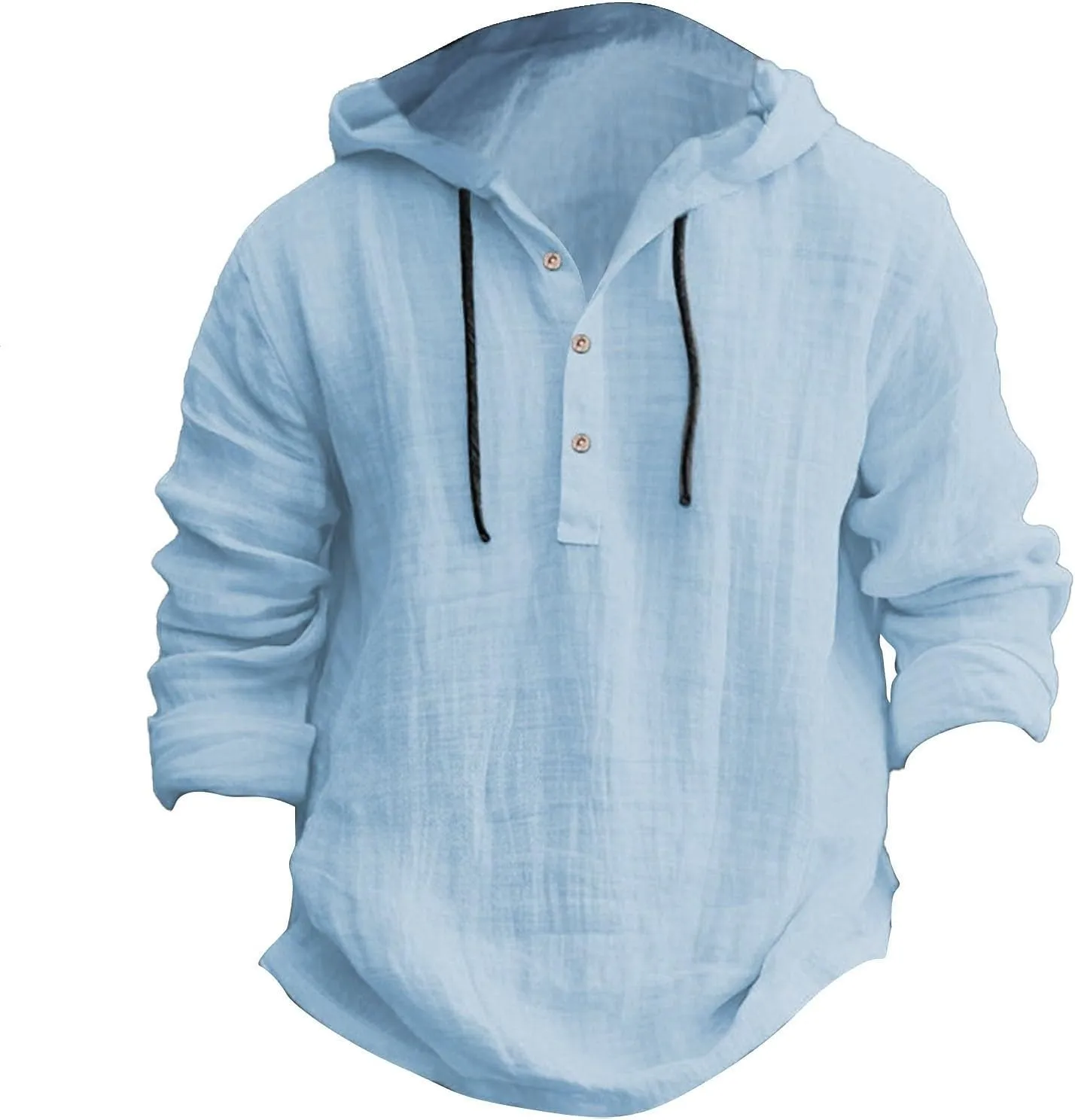Summer Cotton and Linen Hoodies for Men Solid Fashion Lightweight Shirt Quarter Button V Neck Long Sleeve Drawstring Pullover