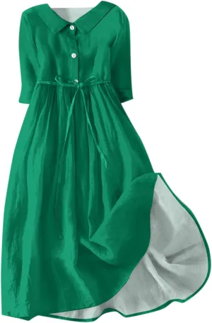 Summer Dress for Women 3/4 Sleeve Button Up A Line Flowy Maxi Dresses Vintage Floral Literary Simple Cotton Dress