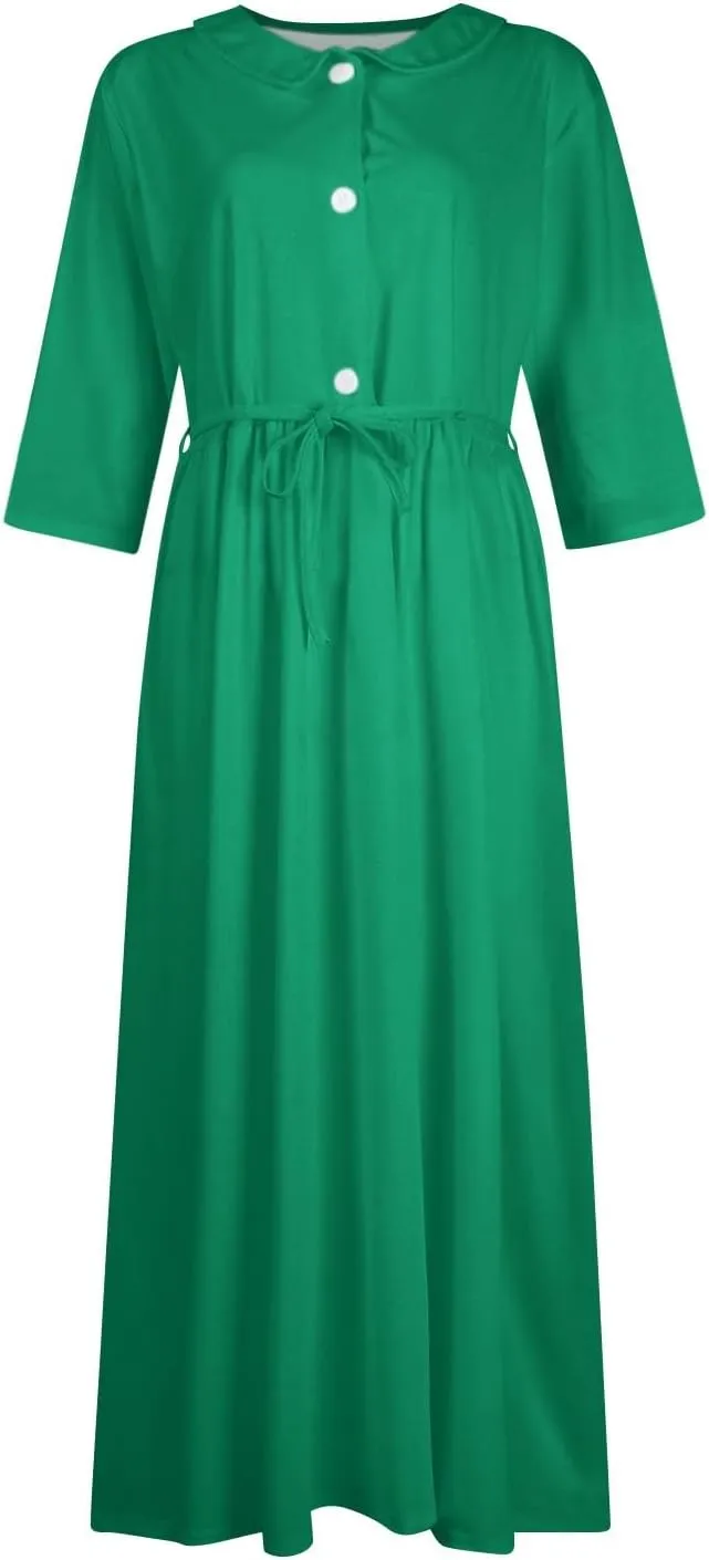 Summer Dress for Women 3/4 Sleeve Button Up A Line Flowy Maxi Dresses Vintage Floral Literary Simple Cotton Dress