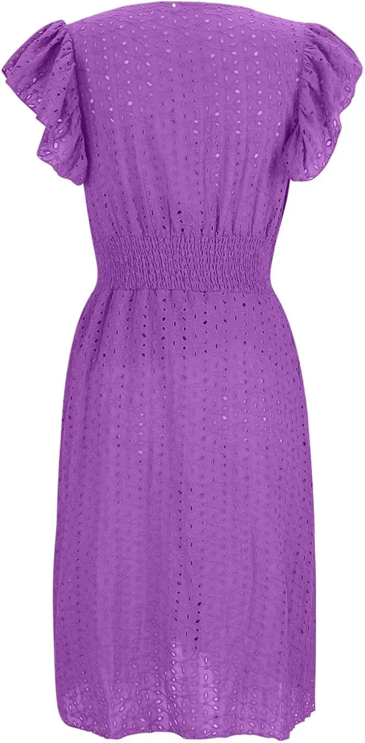 Summer Dress for Women Eyelet Lace Embroidery Smocked Waist Party Dress Sexy Flutter Sleeve A Line Midi Long Sun Dress