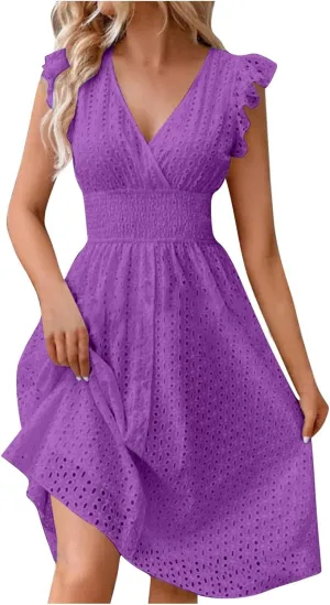 Summer Dress for Women Eyelet Lace Embroidery Smocked Waist Party Dress Sexy Flutter Sleeve A Line Midi Long Sun Dress
