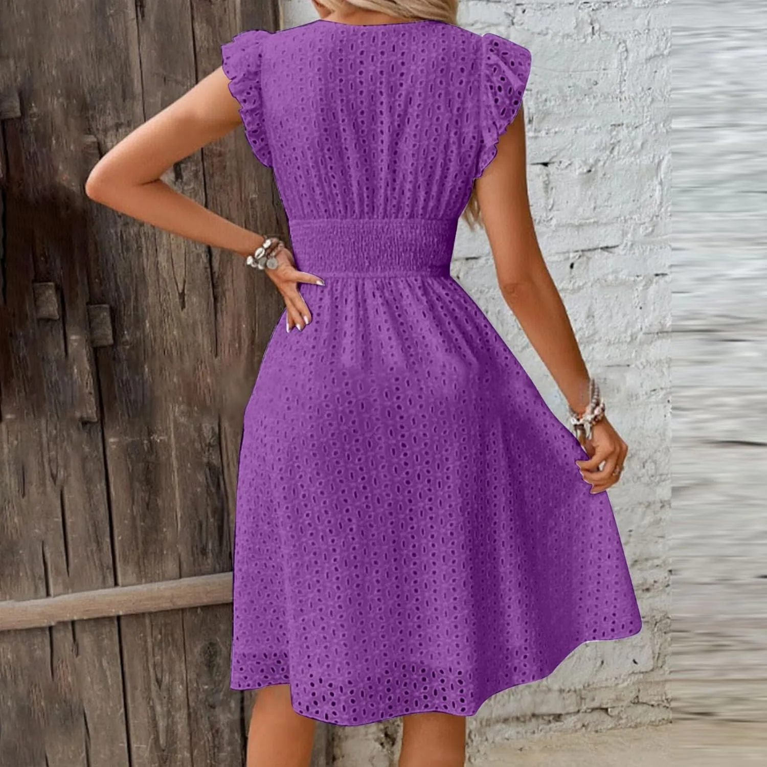 Summer Dress for Women Eyelet Lace Embroidery Smocked Waist Party Dress Sexy Flutter Sleeve A Line Midi Long Sun Dress