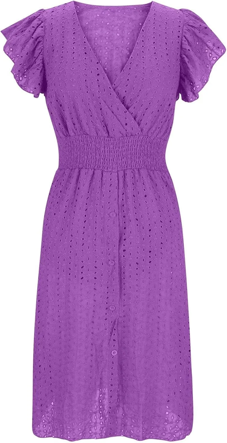 Summer Dress for Women Eyelet Lace Embroidery Smocked Waist Party Dress Sexy Flutter Sleeve A Line Midi Long Sun Dress
