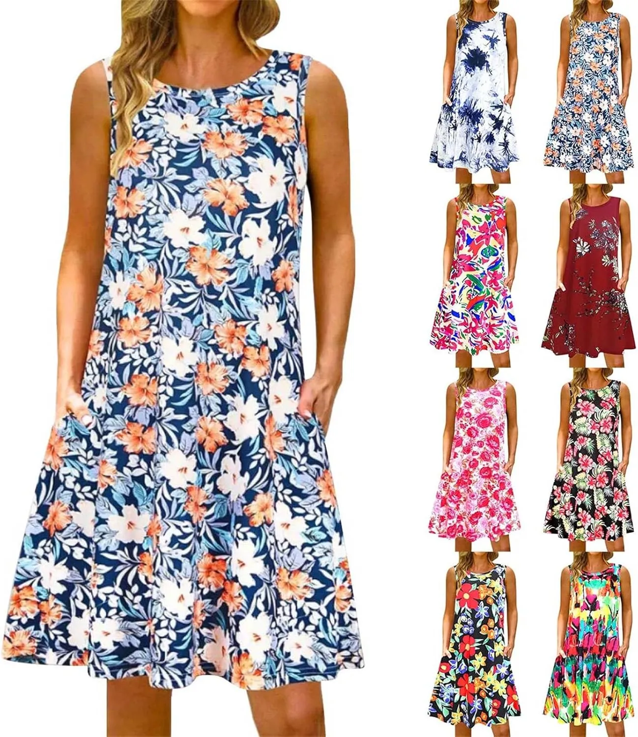 Summer Dresses for Women 2024 Casual Sleeveless Boho Floral Petite Sundress Plus Size Vacation Flowy Midi Dress