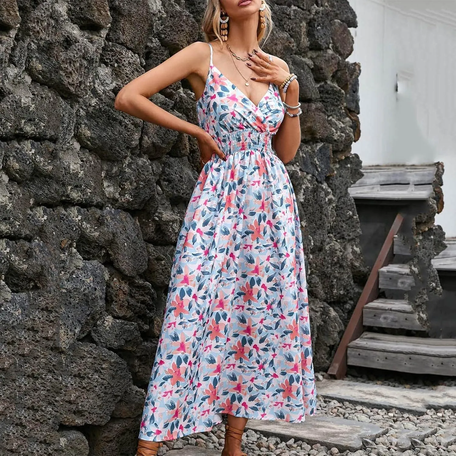 Summer Dresses for Women 2024 Floral Bohemian Spaghetti Strap Sleeveless V Neck Flowy Maxi Sun dresses Travel Clothes