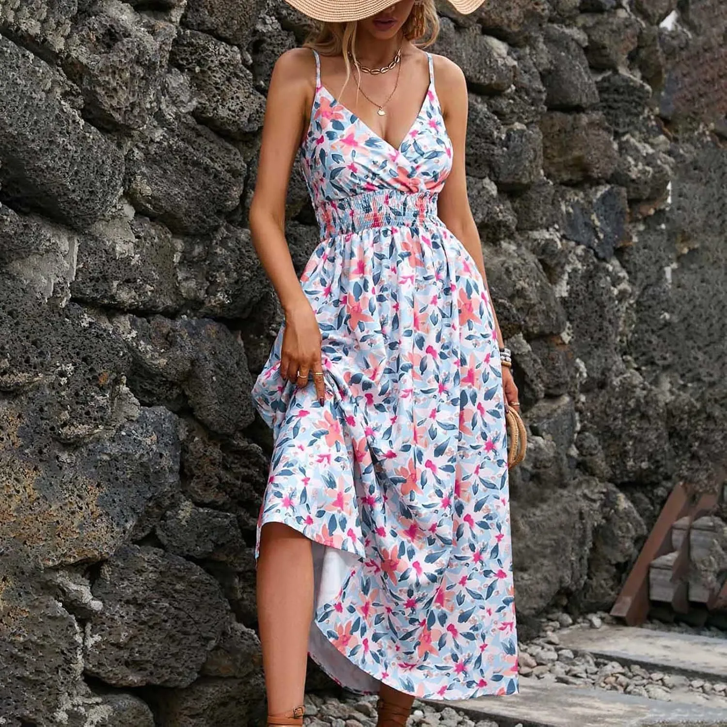 Summer Dresses for Women 2024 Floral Bohemian Spaghetti Strap Sleeveless V Neck Flowy Maxi Sun dresses Travel Clothes
