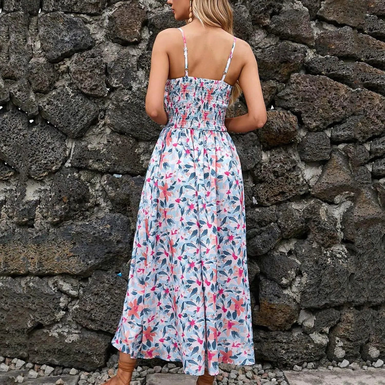 Summer Dresses for Women 2024 Floral Bohemian Spaghetti Strap Sleeveless V Neck Flowy Maxi Sun dresses Travel Clothes