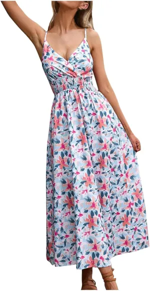 Summer Dresses for Women 2024 Floral Bohemian Spaghetti Strap Sleeveless V Neck Flowy Maxi Sun dresses Travel Clothes