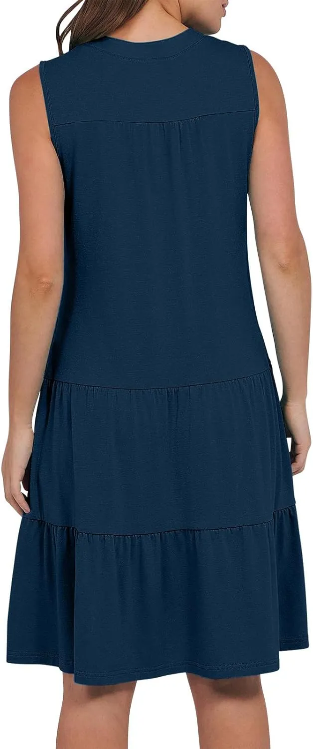 Summer Dresses for Women 2025 Casual Sleeveless Beach Dress Fashion Pleated Loose V-Neck Solid Color Sundress