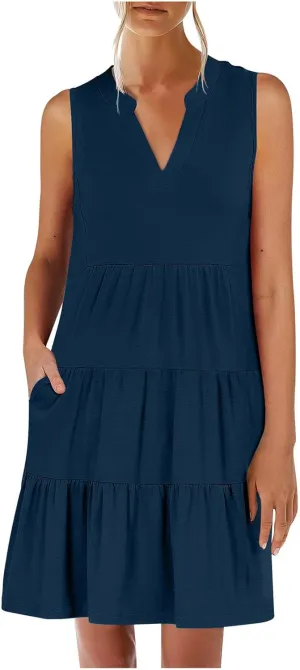 Summer Dresses for Women 2025 Casual Sleeveless Beach Dress Fashion Pleated Loose V-Neck Solid Color Sundress