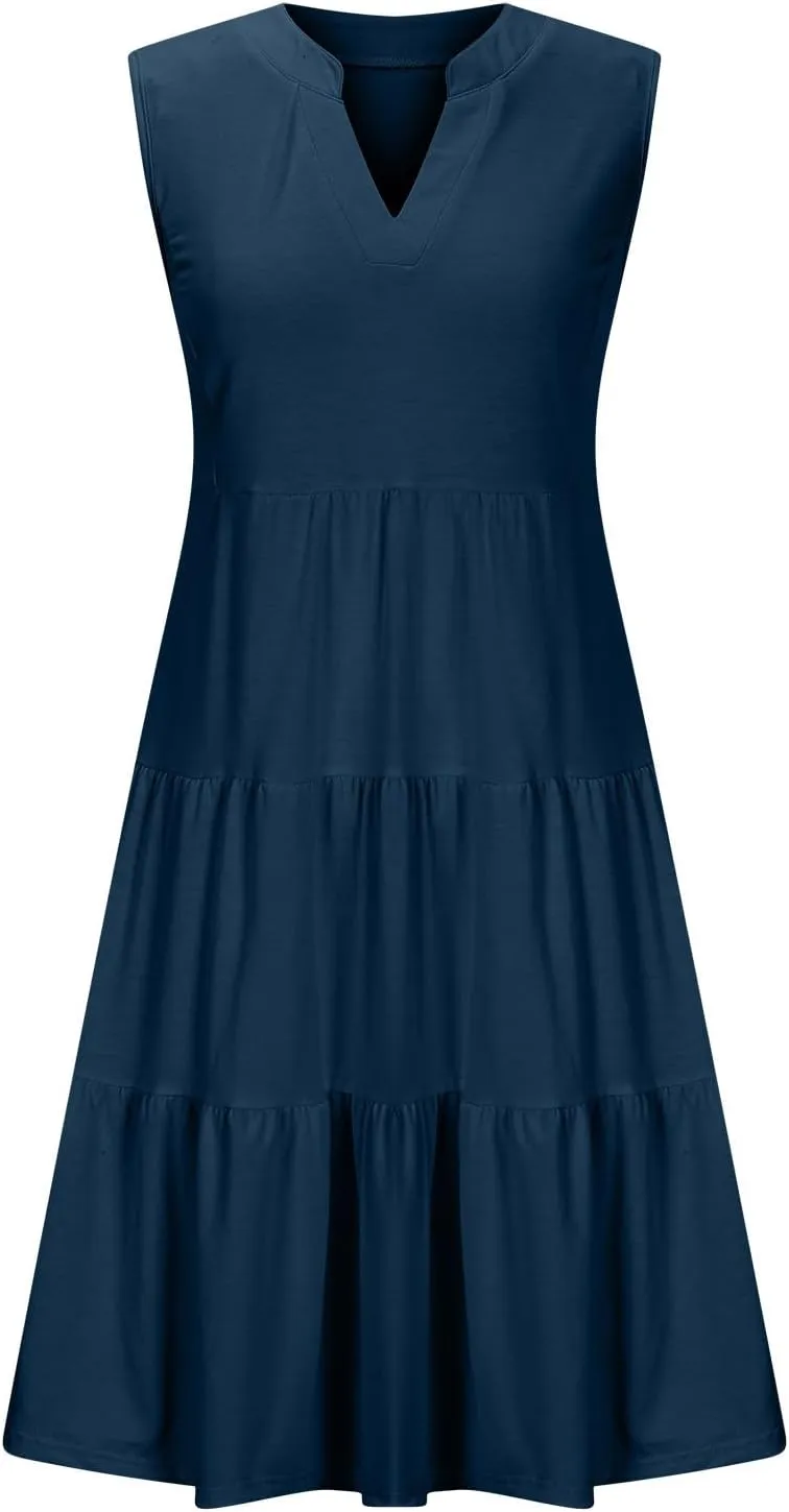 Summer Dresses for Women 2025 Casual Sleeveless Beach Dress Fashion Pleated Loose V-Neck Solid Color Sundress