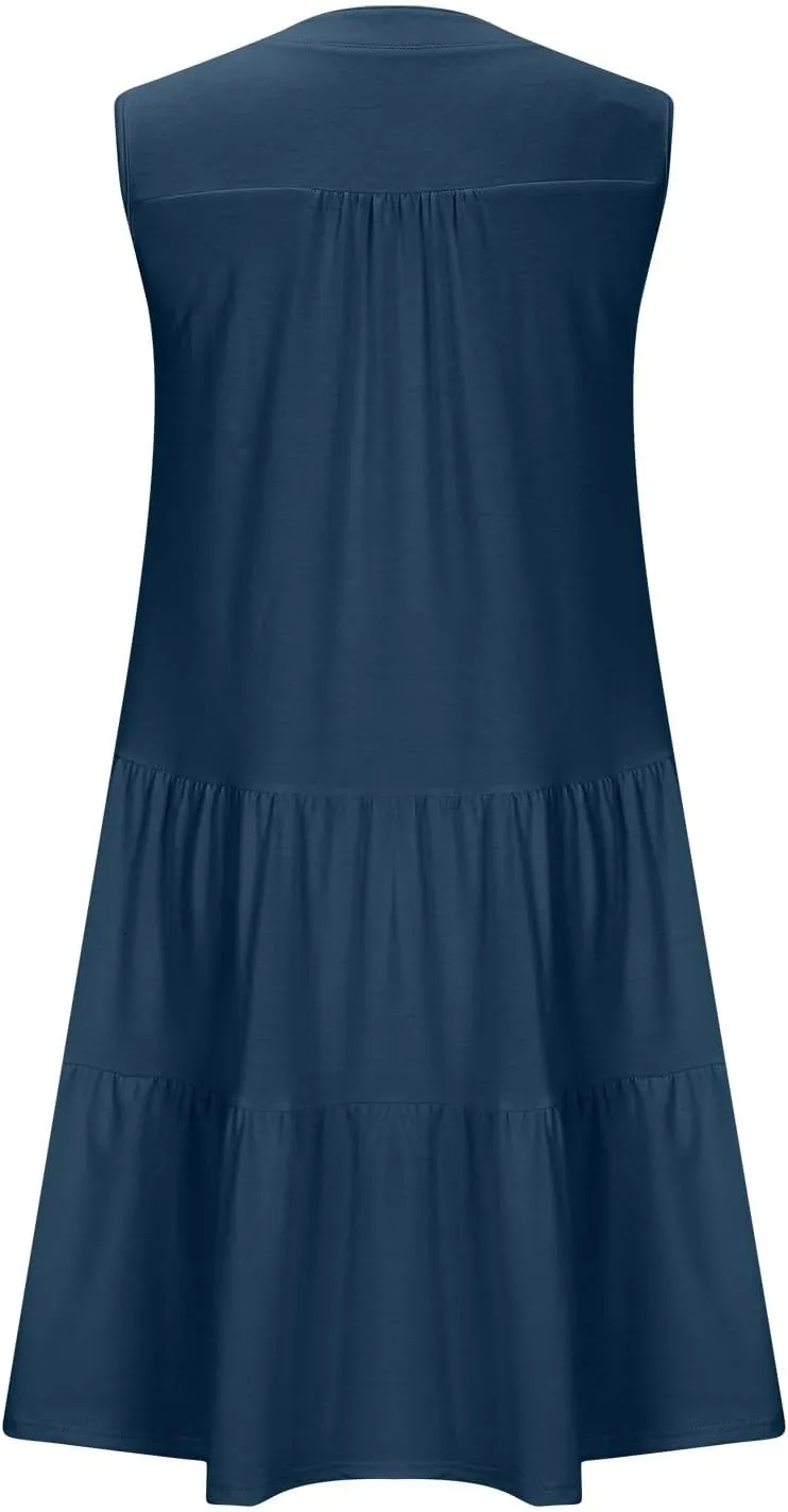 Summer Dresses for Women 2025 Casual Sleeveless Beach Dress Fashion Pleated Loose V-Neck Solid Color Sundress