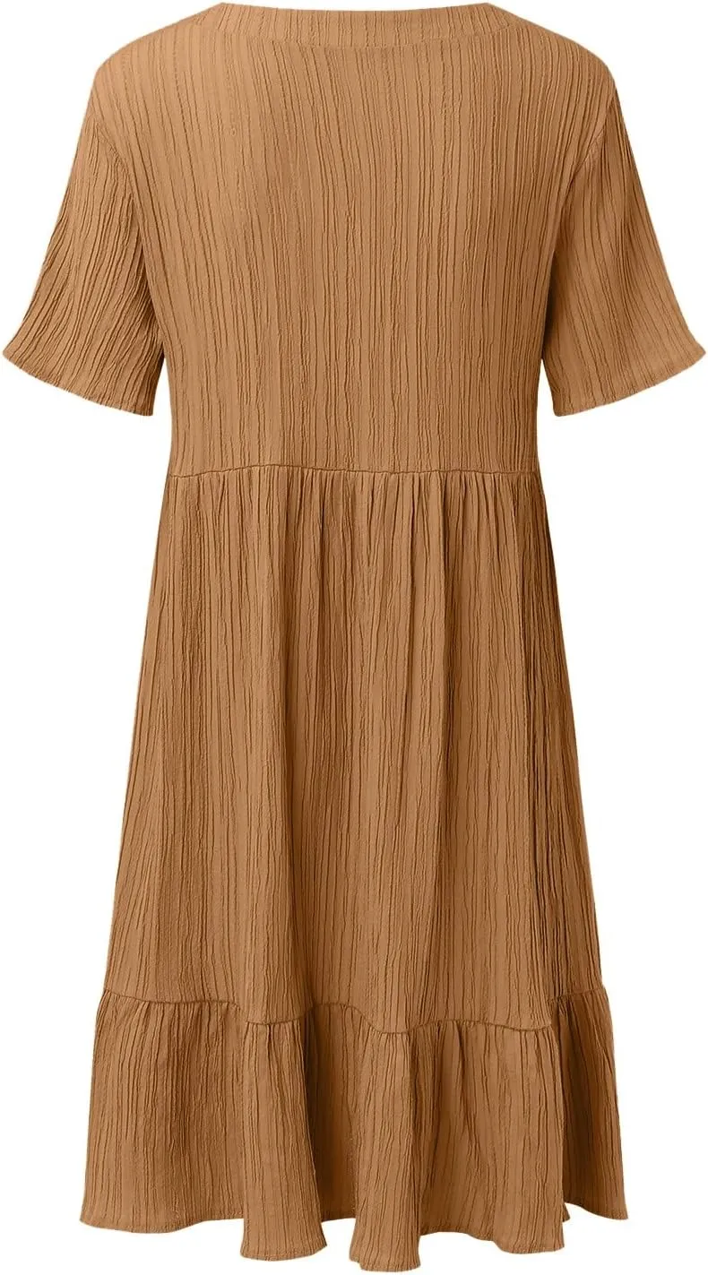 Summer Dresses for Women 2025 Pleated Tiered A Line Flowy Midi Dress Ladies Casual Fashion Short Sleeve V Neck Sundresses