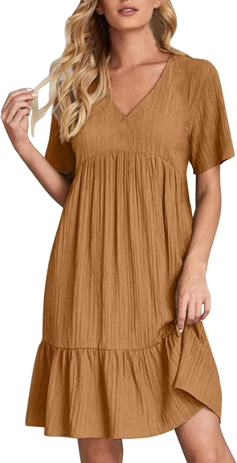 Summer Dresses for Women 2025 Pleated Tiered A Line Flowy Midi Dress Ladies Casual Fashion Short Sleeve V Neck Sundresses