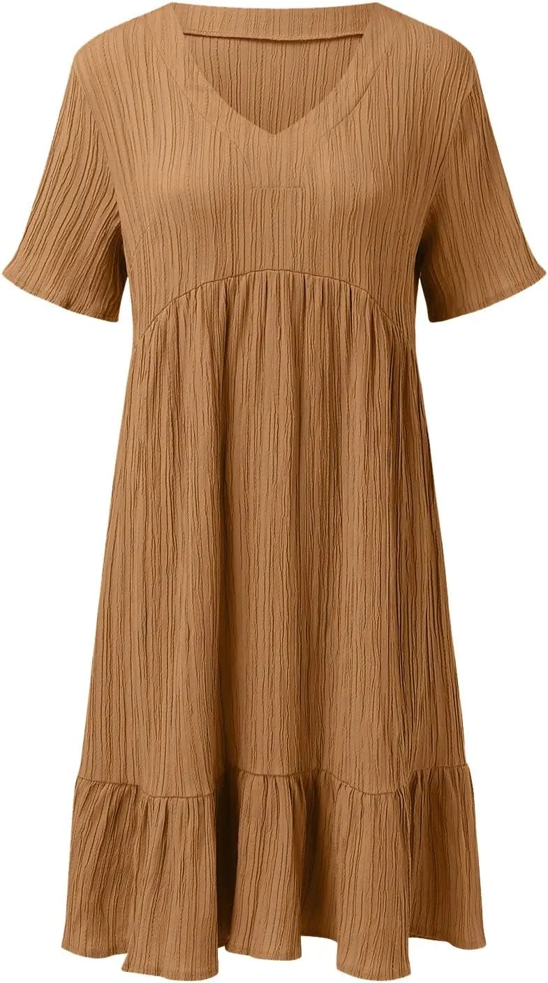 Summer Dresses for Women 2025 Pleated Tiered A Line Flowy Midi Dress Ladies Casual Fashion Short Sleeve V Neck Sundresses