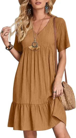Summer Dresses for Women 2025 Pleated Tiered A Line Flowy Midi Dress Ladies Casual Fashion Short Sleeve V Neck Sundresses