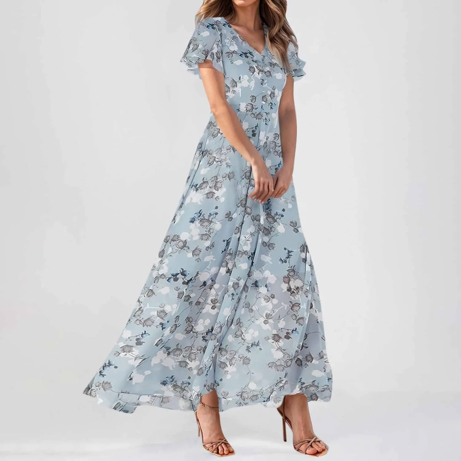 Summer Dresses for Women 2025,Elegant Chiffon Floral Boho Dress Semi Wedding Guest Dresses Floral Church Dress