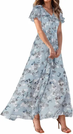 Summer Dresses for Women 2025,Elegant Chiffon Floral Boho Dress Semi Wedding Guest Dresses Floral Church Dress