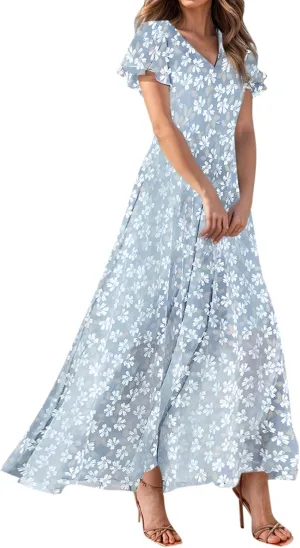 Summer Dresses for Women 2025,Elegant Chiffon Floral Boho Dress Semi Wedding Guest Dresses Floral Church Dress