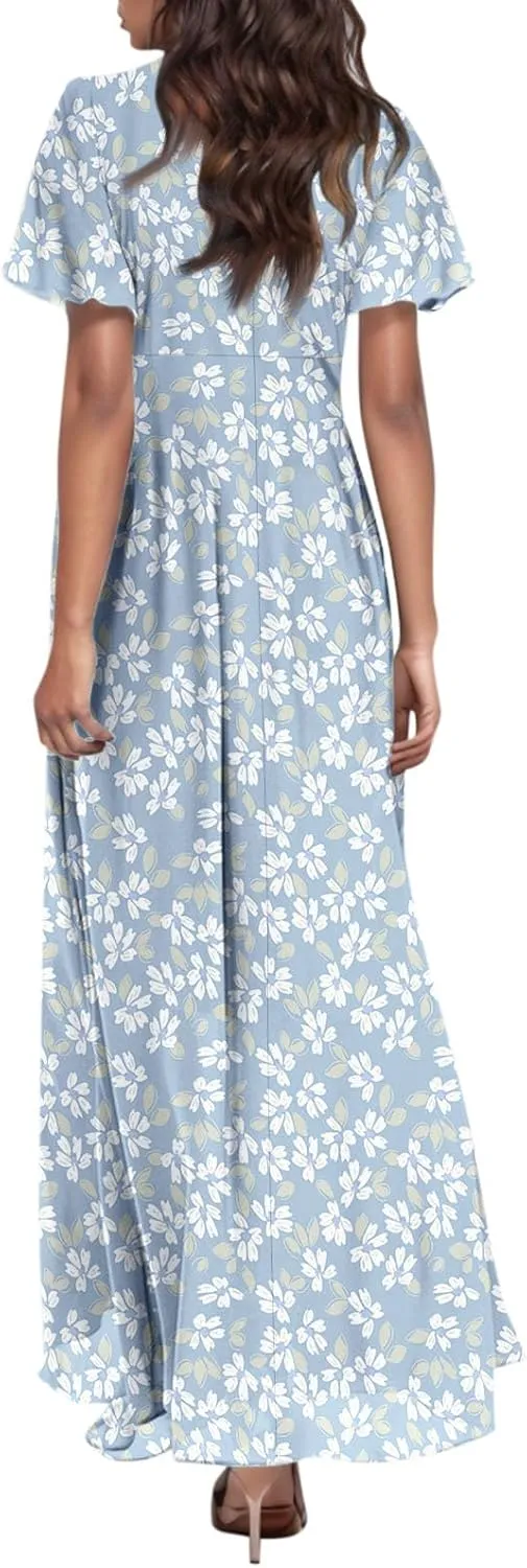Summer Dresses for Women 2025,Elegant Chiffon Floral Boho Dress Semi Wedding Guest Dresses Floral Church Dress