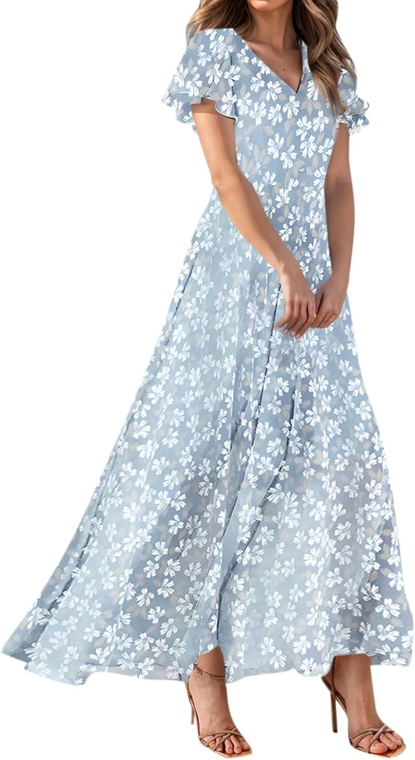 Summer Dresses for Women 2025,Elegant Chiffon Floral Boho Dress Semi Wedding Guest Dresses Floral Church Dress