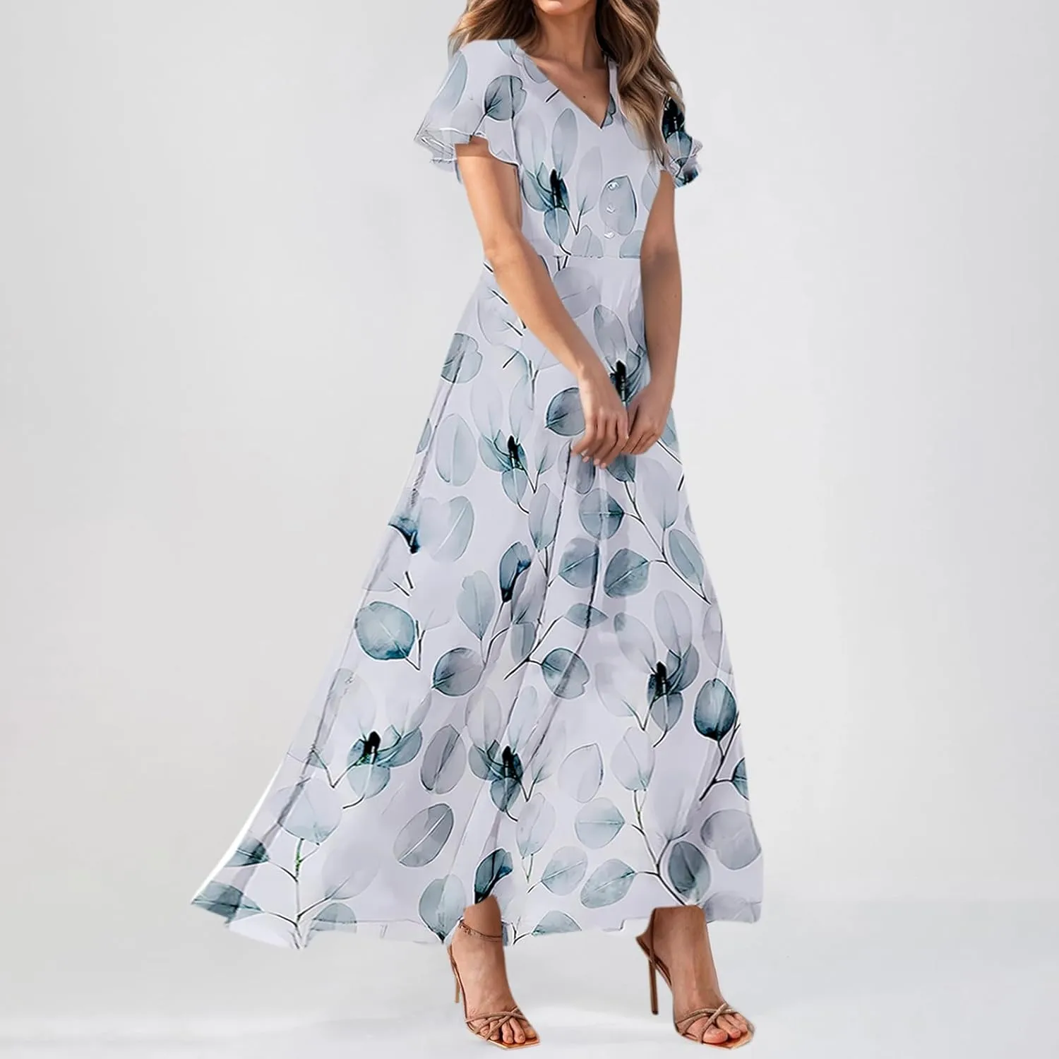 Summer Dresses for Women 2025,Elegant Chiffon Floral Boho Dress Semi Wedding Guest Dresses Floral Church Dress