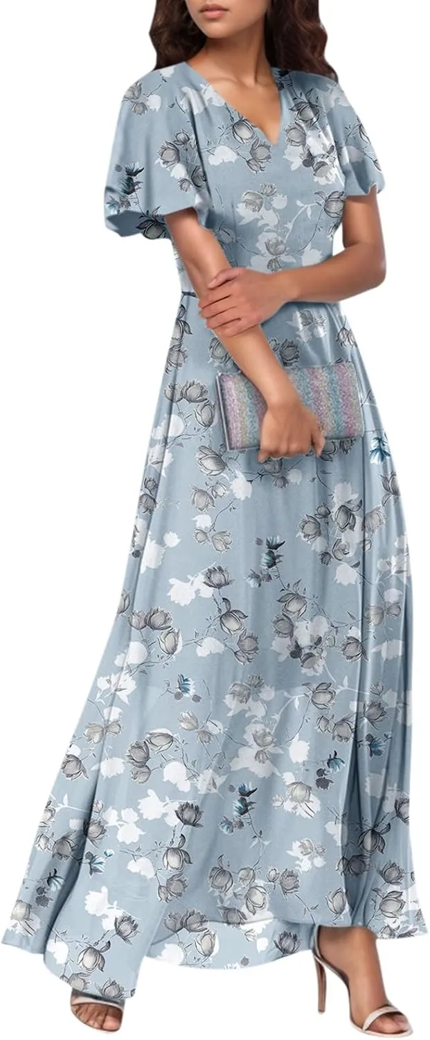 Summer Dresses for Women 2025,Elegant Chiffon Floral Boho Dress Semi Wedding Guest Dresses Floral Church Dress